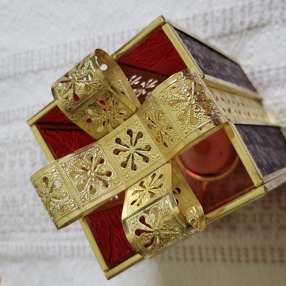 Avon present tea light candle holders with metal bow, designed glass, red gold - Picture 2 of 9